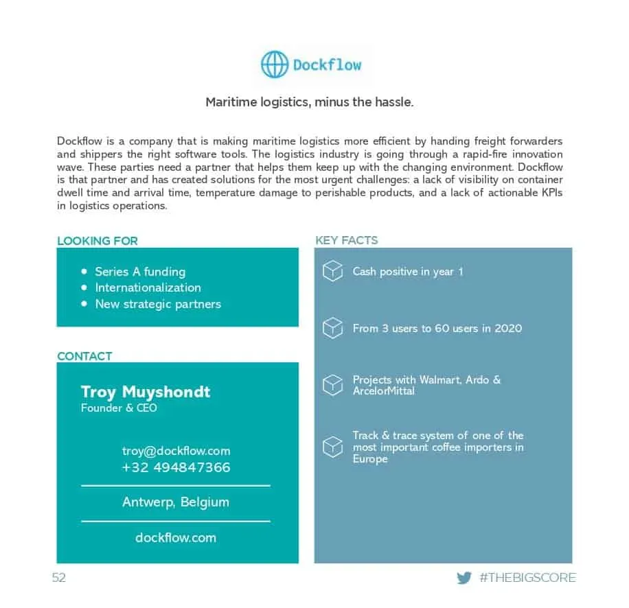 Dockflow's profile in The Big Score's booklet for venture capital and corporate sourcing.
