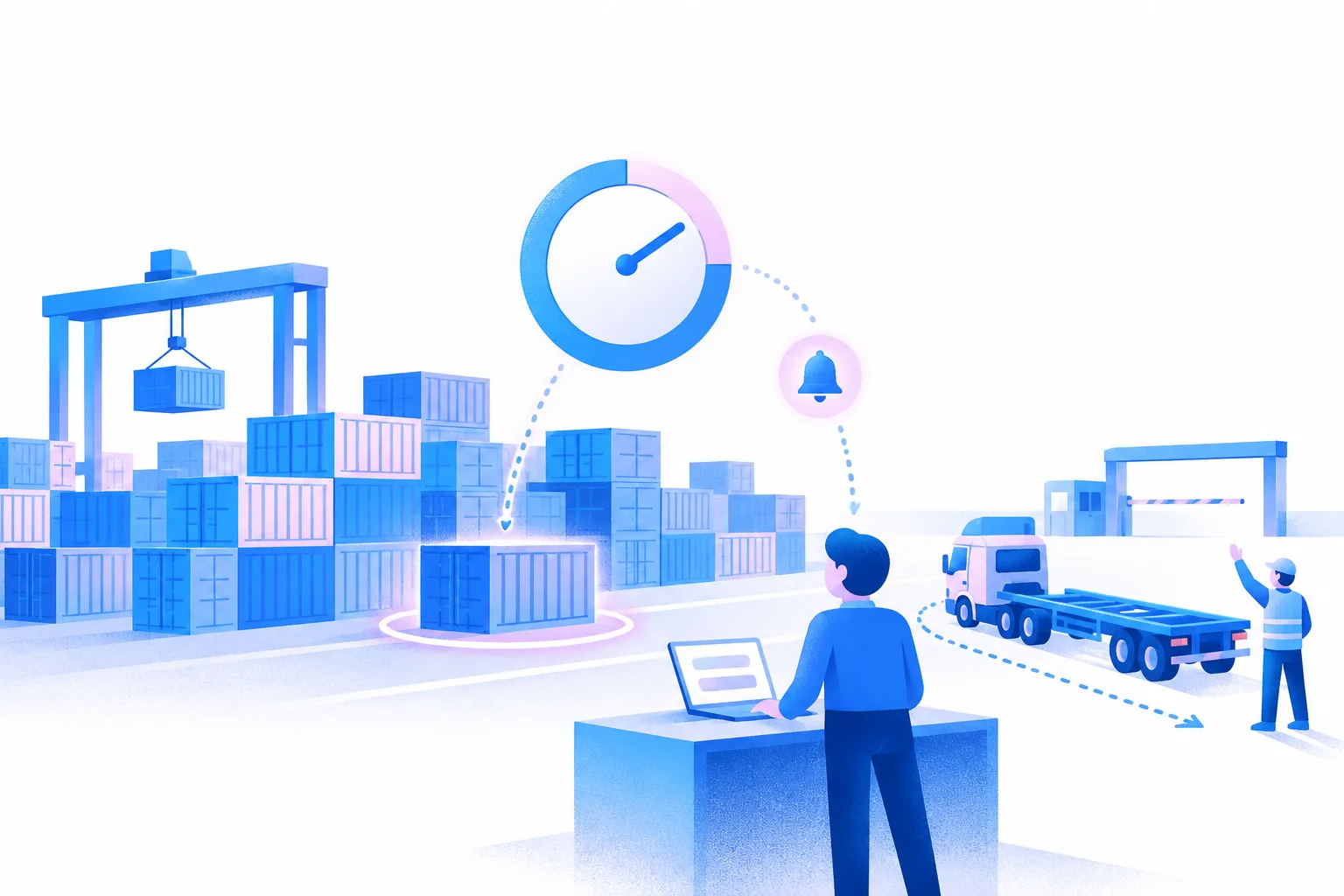 Illustration: containers stacked at a terminal under a gantry crane, one highlighted under a free-time clock, with an alert bell reaching a planner at a laptop who sends a truck to pick it up