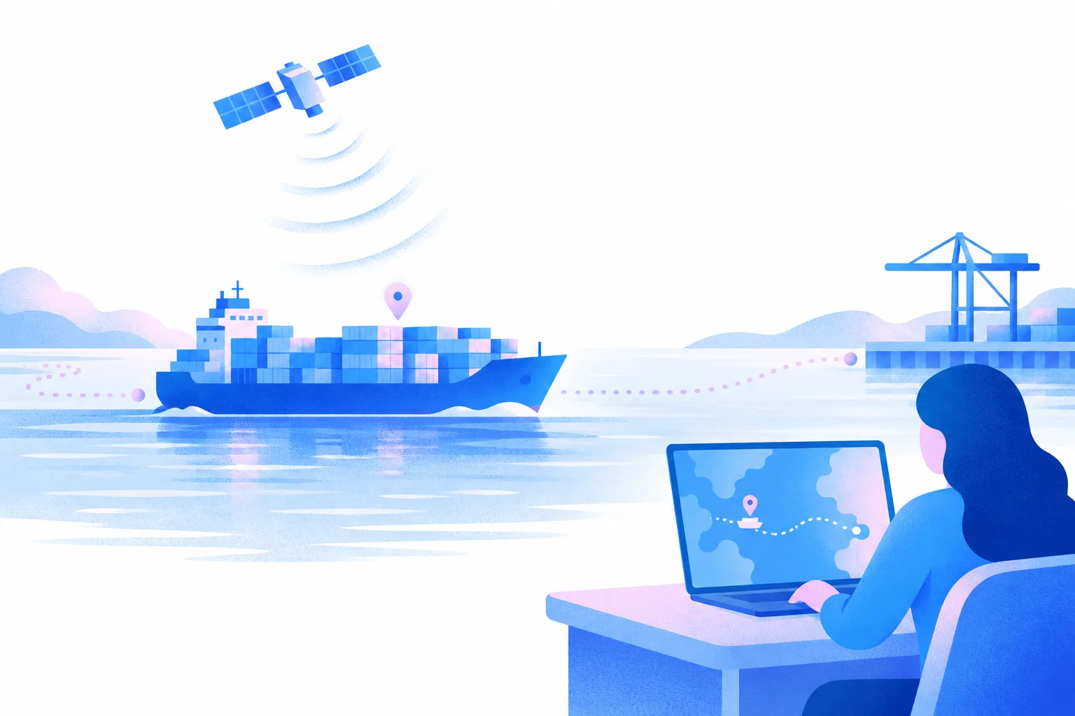 Illustration: a container ship on the open sea with a soft signal arc to a small satellite, its sailed route drawn as a dotted line to a port, and a planner at a laptop following the same route on an abstract map