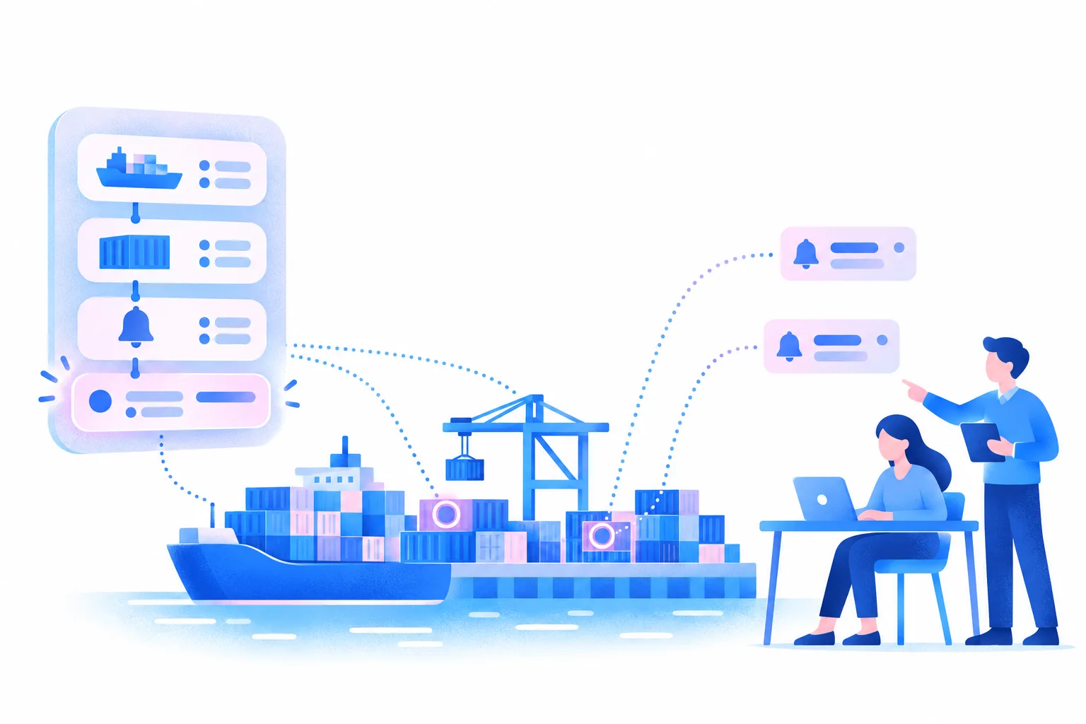 Illustration: a no-code rule of ship, container and bell blocks flags two containers at a terminal quay, and two alert cards reach a planner at a laptop and a colleague beside her