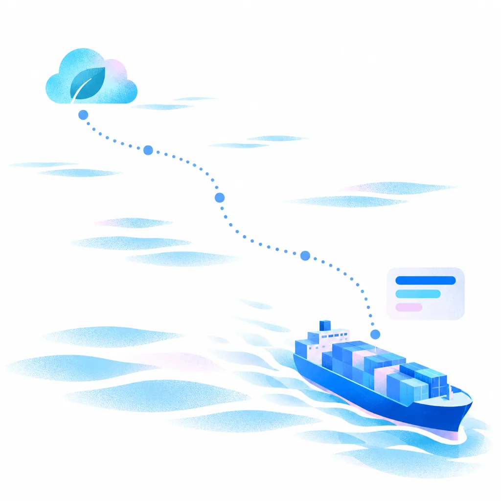 Illustration: a container ship at the end of a winding dotted route that starts at a cloud with a leaf, with a reading card beside the ship