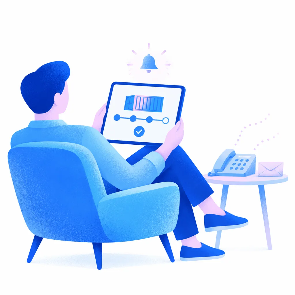 Illustration: a client in an armchair gets a notification and follows a container’s milestones on a tablet
