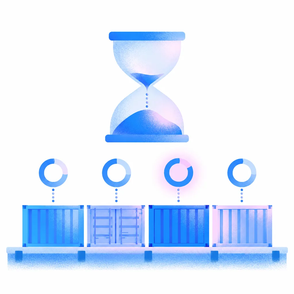 Illustration: an hourglass above four containers, each with its own free-time ring, one ring highlighted where free time runs low