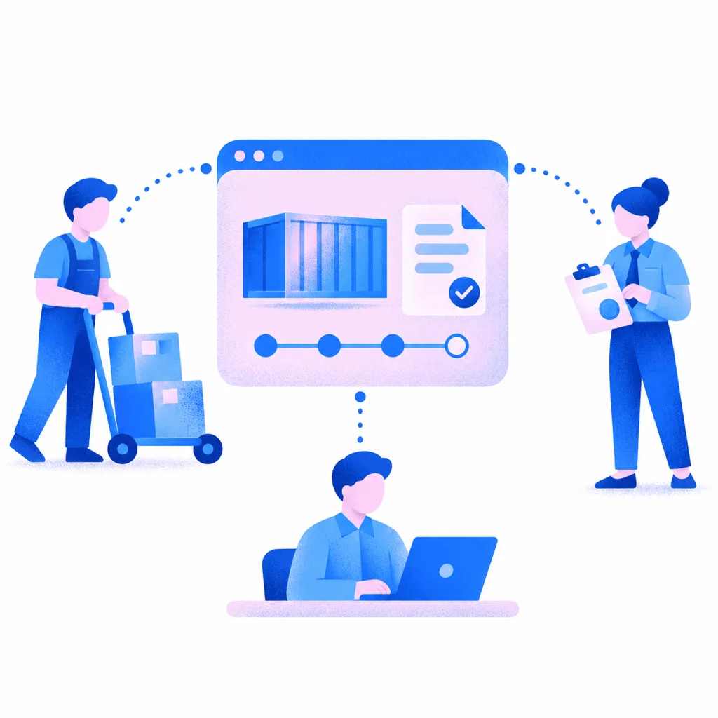Illustration: a warehouse worker, a planner at a laptop and an agent with a clipboard, all connected to one shared shipment view