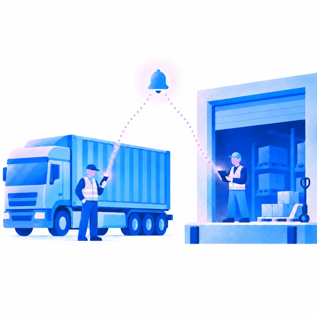 A truck driver and a warehouse worker at the loading dock receive the same alert at the same moment